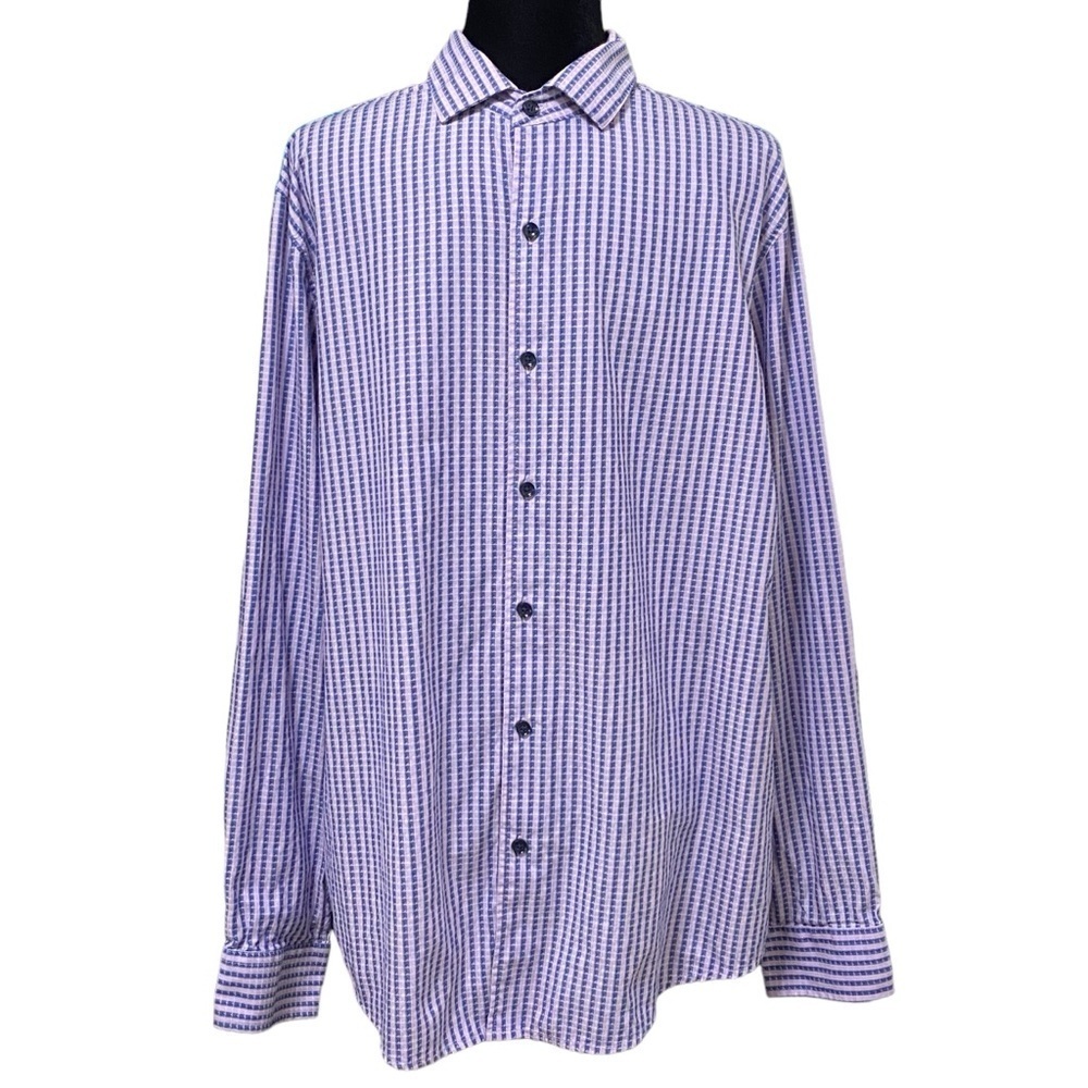 Tasso Elba Lavender Blue Striped Button Down Shirt Size Large Cotton Casual